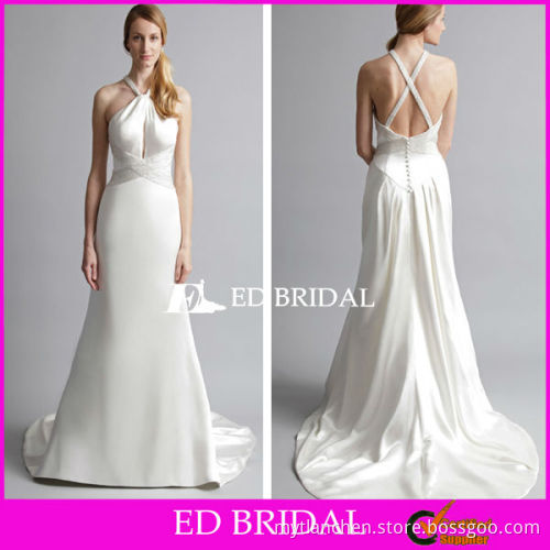 A Line Front Split With Crisscross Detail Court Train Beading Pleated Taffeta Halter Wedding Dresses